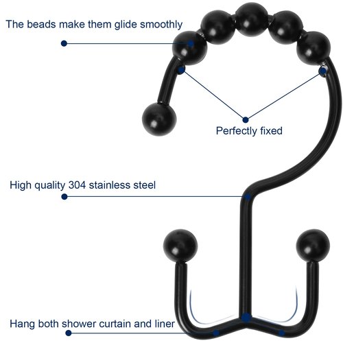 Gidse Shower Curtain Hooks,Sturdy Stainless Steel Double Sided Shower Hooks Rings for Bathroom Shower Curtain Rods Curtains Set of 12 Hooks - Matte Black