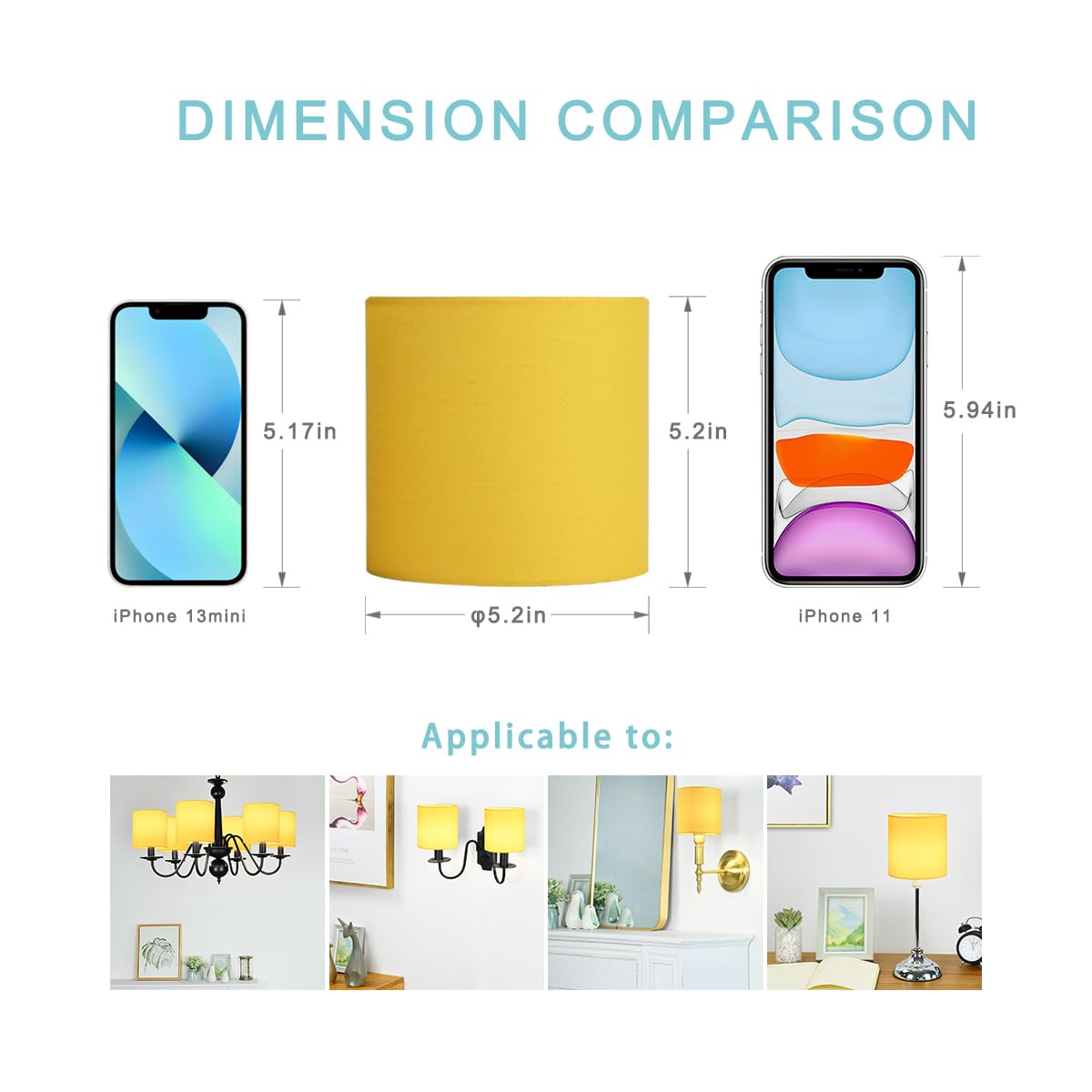 LAMPWELL LEBE Yellow Clip on Chandelier Lamp Shades Set of 6,Small Lamp Shades Clip on bulb,5.2"×5.2"×H5.2",Fabric Mini Drum Lamp Shade,Handmade,FOR CANDLE BULB AND SMALL GENERAL BULB