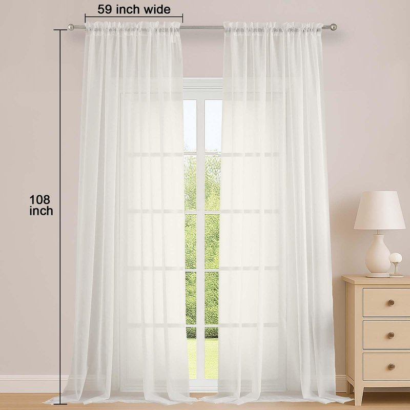 OWENIE Ivory Sheer Curtains 108 Inches Long for Living Room Bedroom 2 Panels Set, Lightweight Airy Ivory Sheer Curtain, Filmy Voile Rod Pocket, 2 PCS, Each 59" W x 108" L