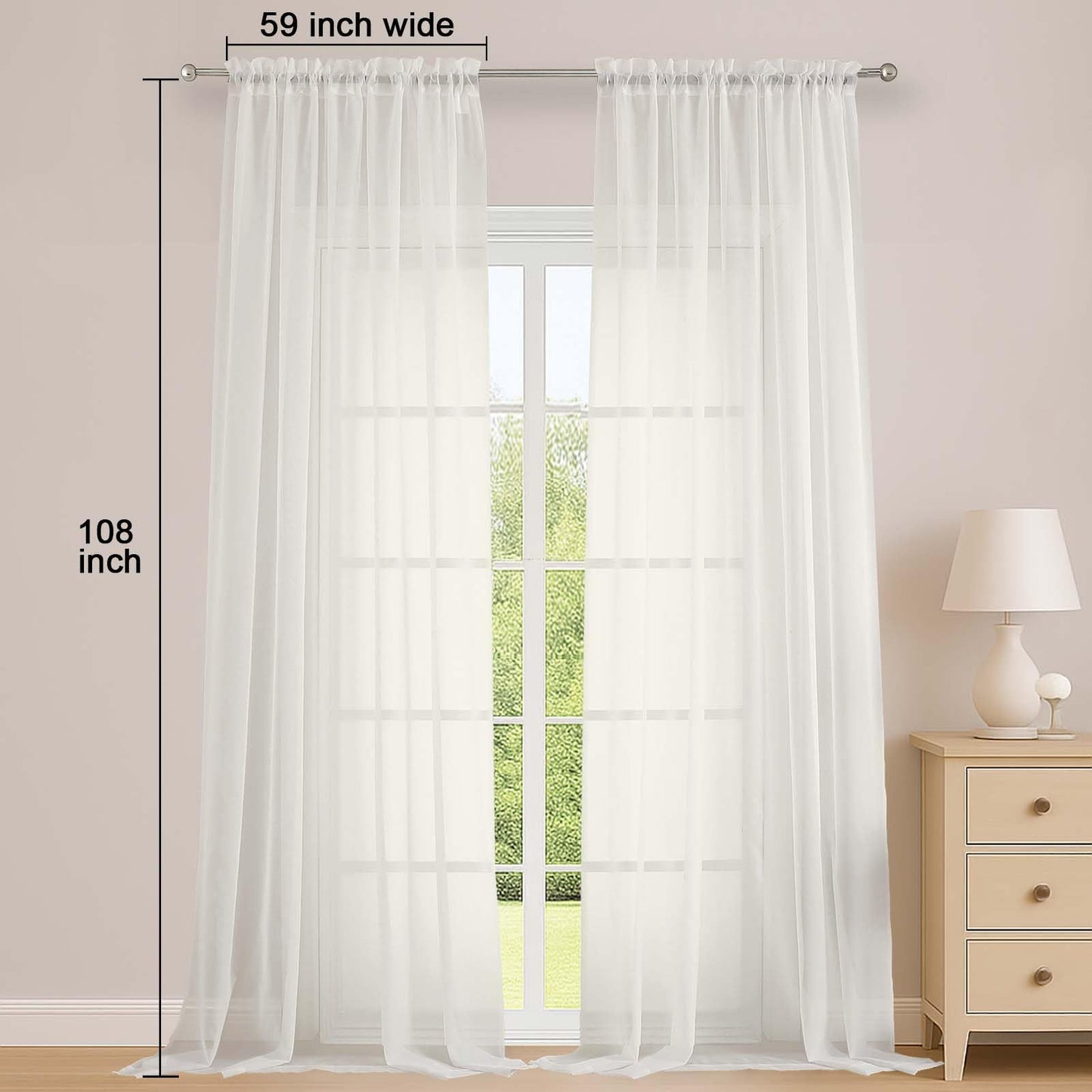 OWENIE Ivory Sheer Curtains 108 Inches Long for Living Room Bedroom 2 Panels Set, Lightweight Airy Ivory Sheer Curtain, Filmy Voile Rod Pocket, 2 PCS, Each 59" W x 108" L