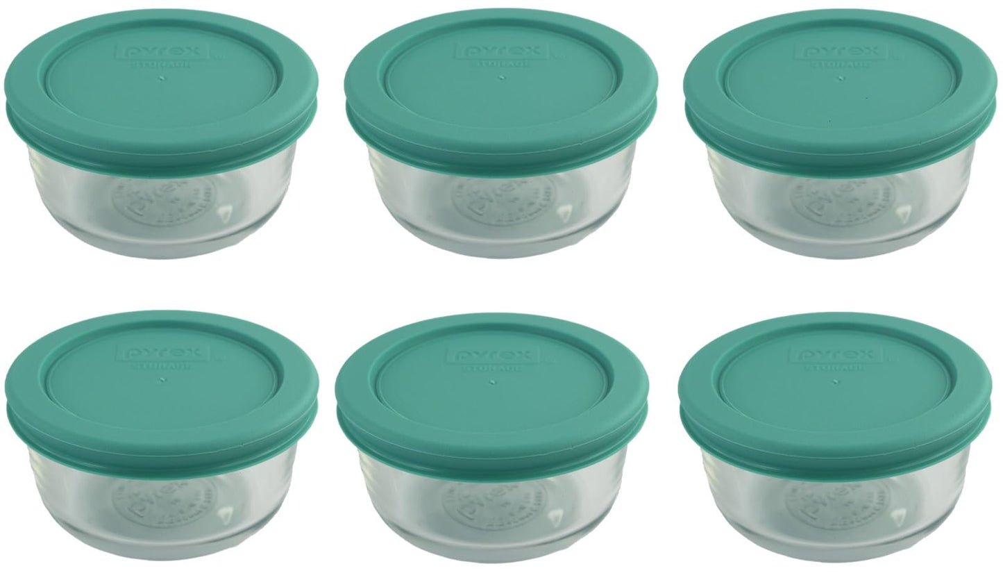 Utensilux Bundle of Small Glass Containers with Lids for Food Storage - Pyrex 1 Cup Glass Bowl, Pack of 6 with Teal Lids, Microwave Safe, 6 Chalkboard Labels With Chalk Pen