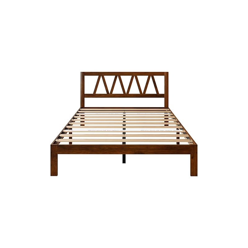 Walnut 12 Inch Queen Bed Frame with Headboard – Solid Wood, No Box Spring Required, Easy Assembly