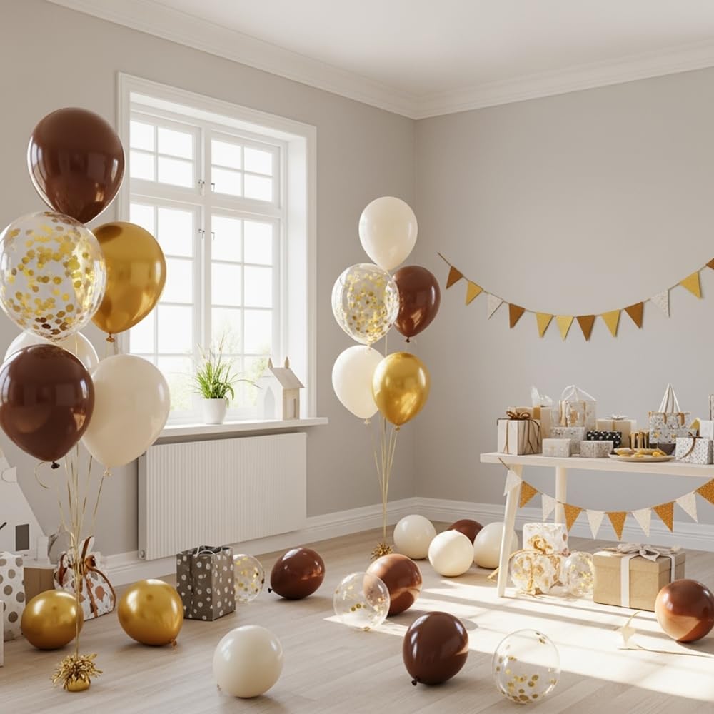 Brown & Gold Balloons | 12-Inch Light Sand White Confetti for Bridal Shower & Birthday Decor