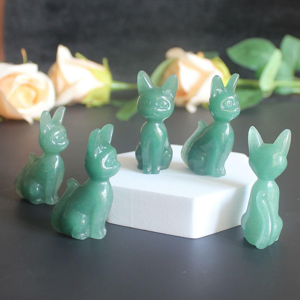 Skiennix Hand-Carved Gemstone Crystal Abyssinian Cat Figurine - Green Aventurine 2" Home Decor