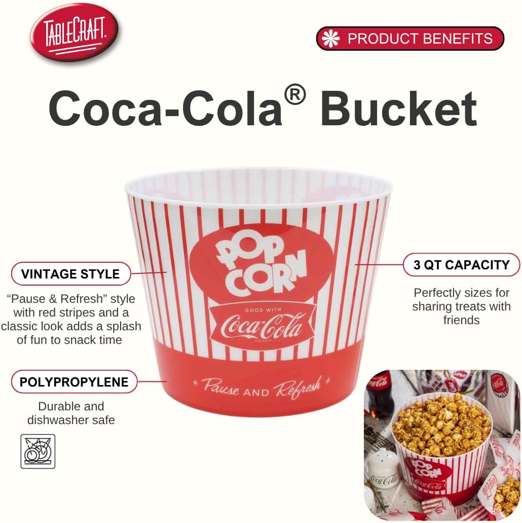 Tablecraft Coca-Cola Popcorn Bucket - Classic Red Snack Container for Movie Nights | 40 oz