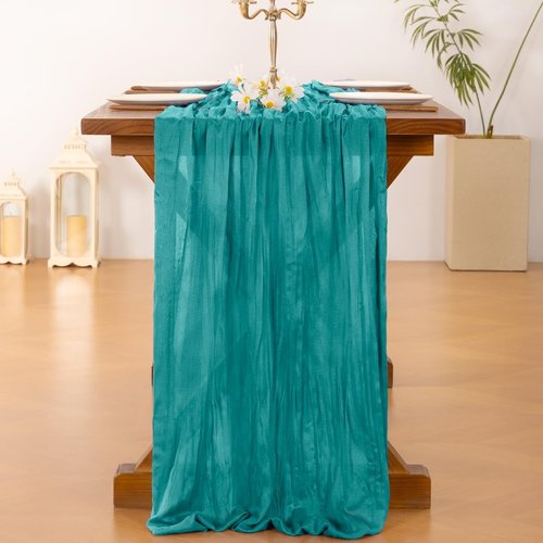 **Socomi Teal Blue Cheesecloth Table Runner - 120 Inch Boho Rustic Decor for Weddings & Parties**