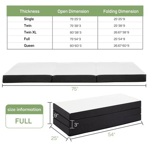3 Inch Foldable Mattress Full Size, Folding Floor Memory Foam Mat, Portable Camping Mattress for Travel, CertiPUR-US Certified Collapsible Bed Pad