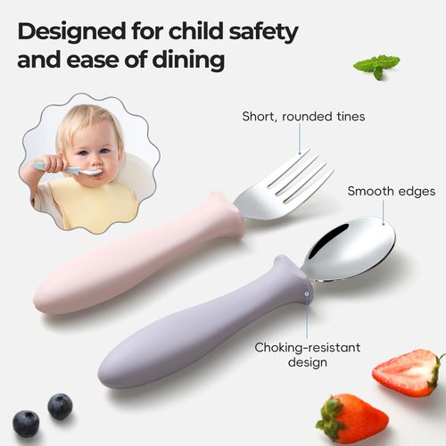 6 PCS Toddler Utensils Kids Silverware Set with Silicone Handle Children Food Grade 18/8 Stainless Steel Toddler Forks and Spoons Safe Anti-Choke Design Mirror Polished Sturdy Durable Dishwasher Safe