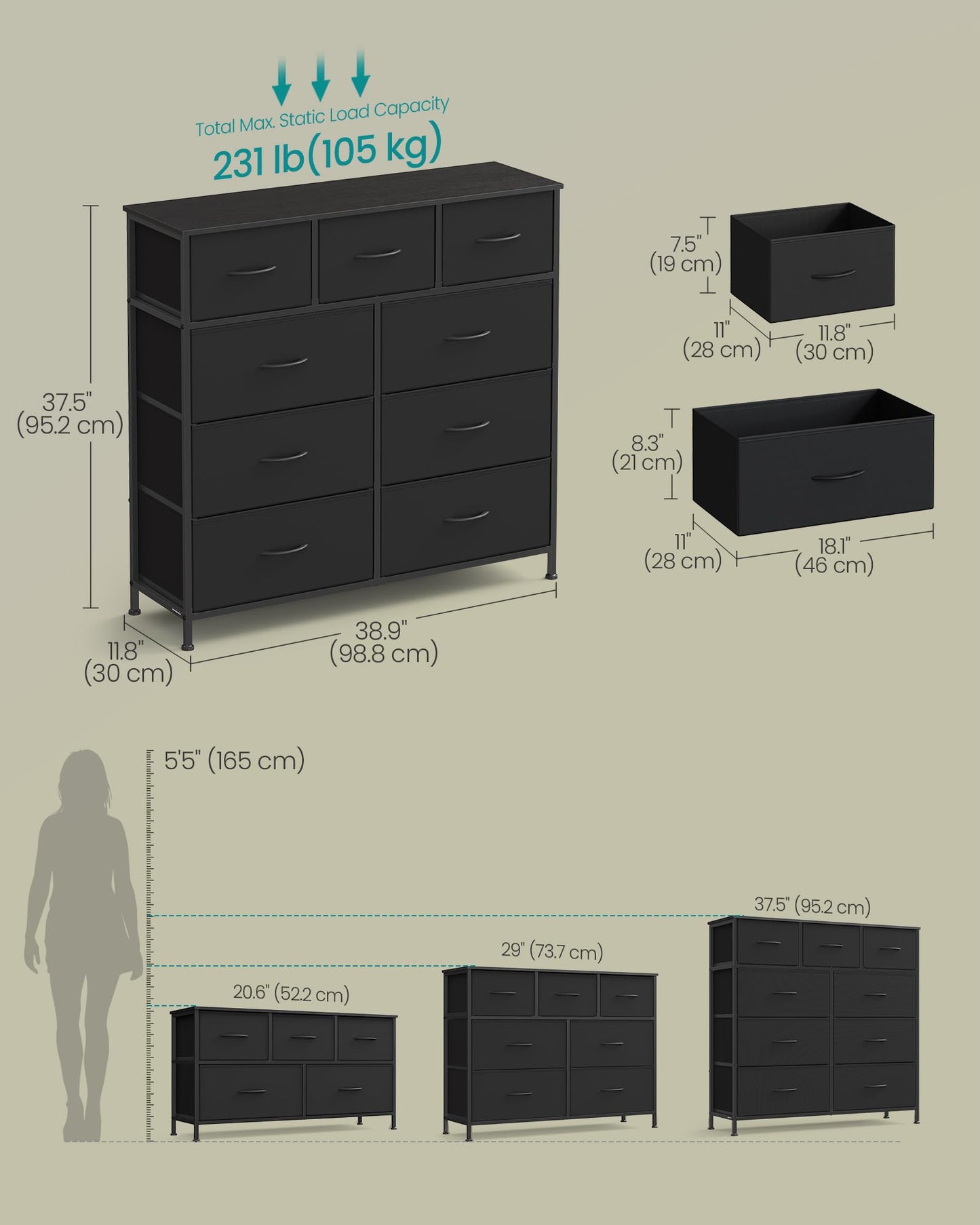 SONGMICS Dresser for Bedroom, Chest of Drawers, Steel, MDF, 9 Non-Woven Fabric Drawers, Storage Organizer Unit, Closet, Entryway, Ink Black and Ebony Black ULGS324B01S