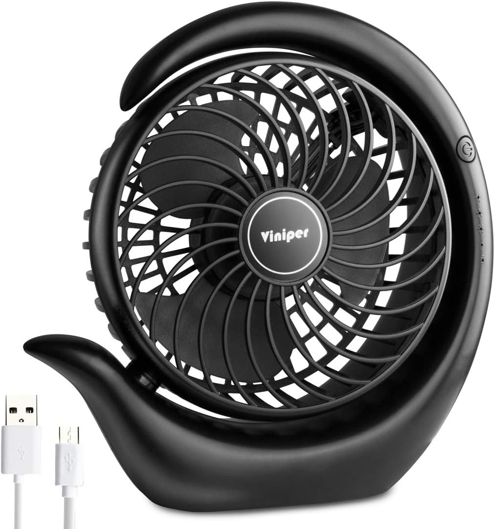 Viniper Portable Rechargeable Fan - Compact 3-Speed Desk Fan with 180° Rotation | 8-24 Hours Battery Life (Black)
