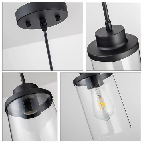 DALIVOL Modern Black Farmhouse Clear Glass Cylinder Pendant Light Fixture, Single Hanging Pendant Lighting for Kitchen Island, Dining Room, Foyer & Hallway(2 Packs)