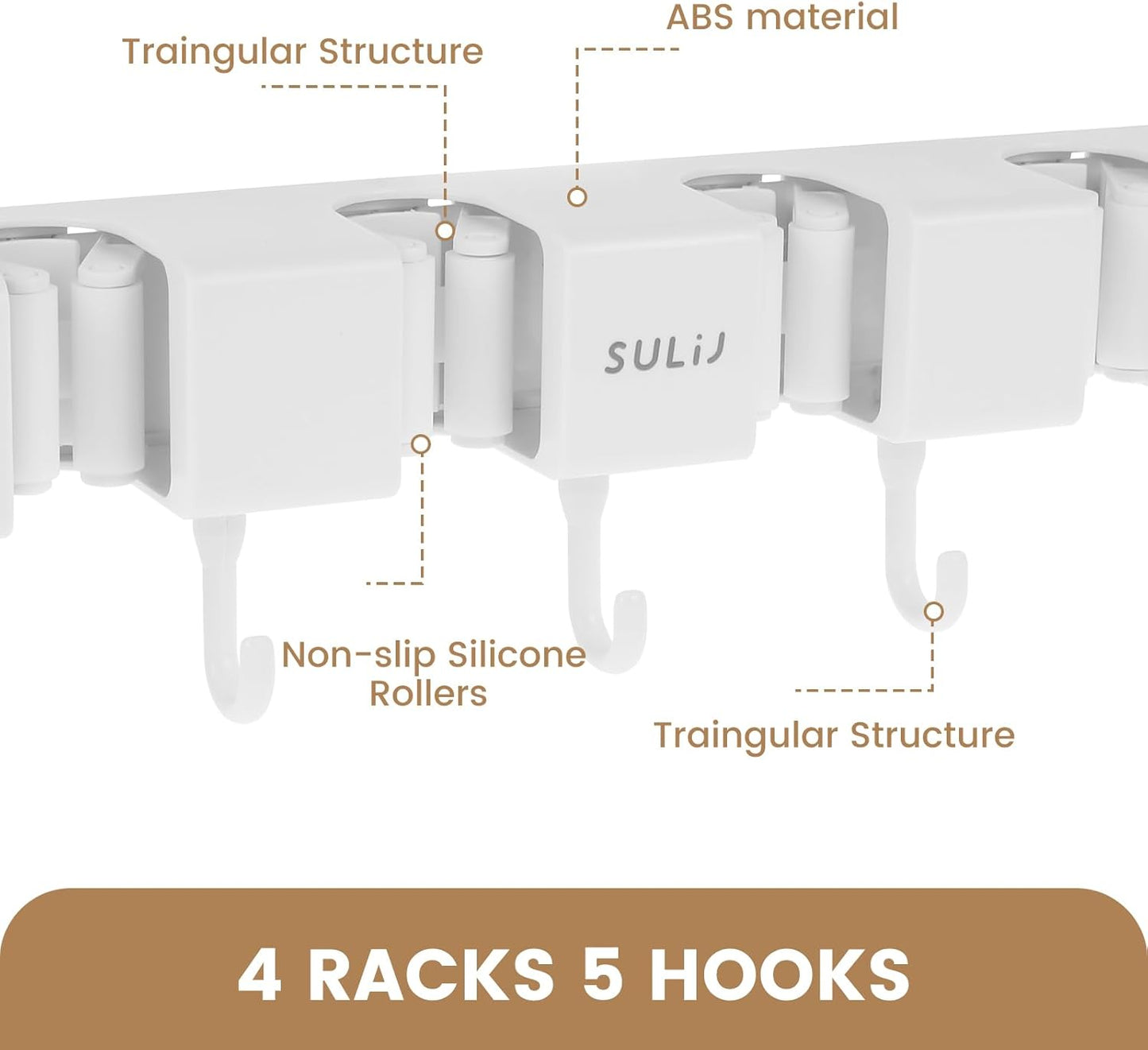 Broom Holder Wall Mount by 2Pcs - No-Drilling Self-Adhesive Storage Rack with Hooks | White, 4 Racks & 5 Hooks