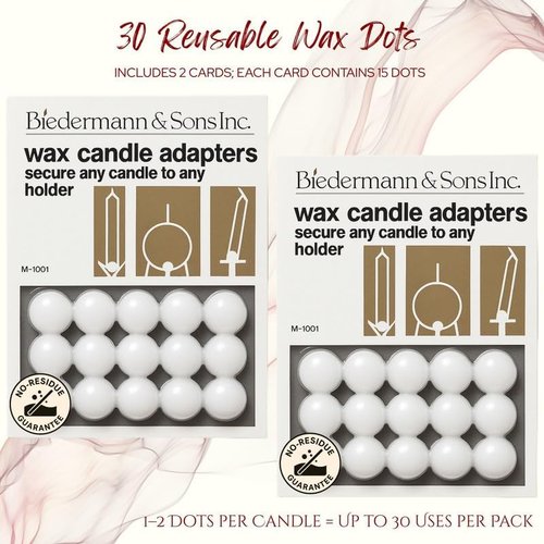 Biedermann & Sons Round Wax Candle Adapters - White 0.5 Inch Pellets | 2 Cards with 30 Dots
