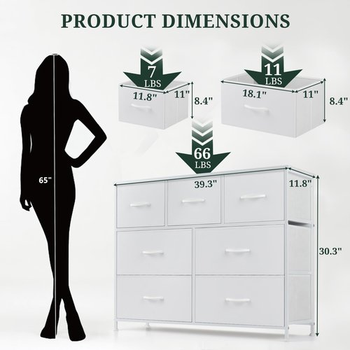 7-Drawer Dresser for Bedroom, Anti-Tip Wide Storage Organizer Fabric Chest of Drawers TV Stand for 45" TV with Wooden Top and Metal Frame for Closet, Living Room, Hallway, Entryway, White