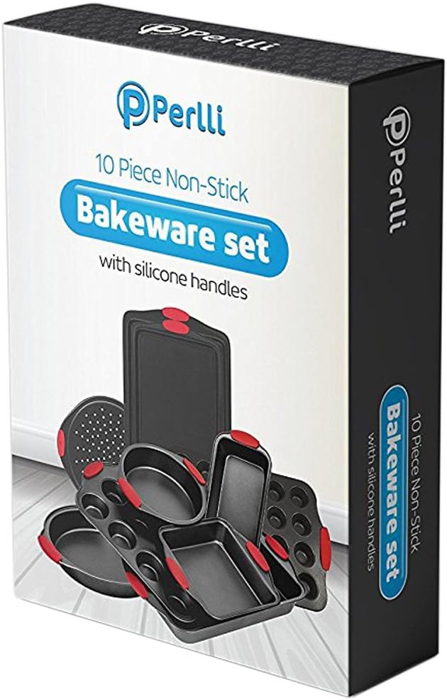 Perlli 12-Piece Nonstick Bakeware Set - Quality Carbon Steel Kitchenware with Red Silicone Handles | Ideal for Cakes, Loaves, Muffins & More