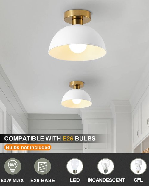 Industrial Semi Flush Mount Ceiling Light with Gold Plate and Matte Black Shade, Farmhouse Ceiling Light Fixture for Kitchen Island Dining Room Foyer Hallway Porch Barn Loft,10in (3 Pack White)