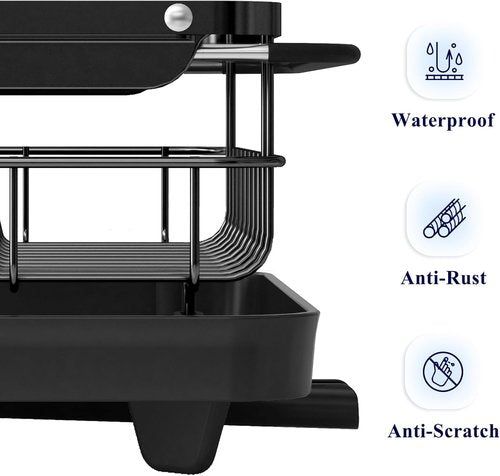 Kitsure Dish Drying Rack - Stainless Steel Kitchen Organizer with Cutlery Holder | 12.2''W x 15.7''~23''L, Black