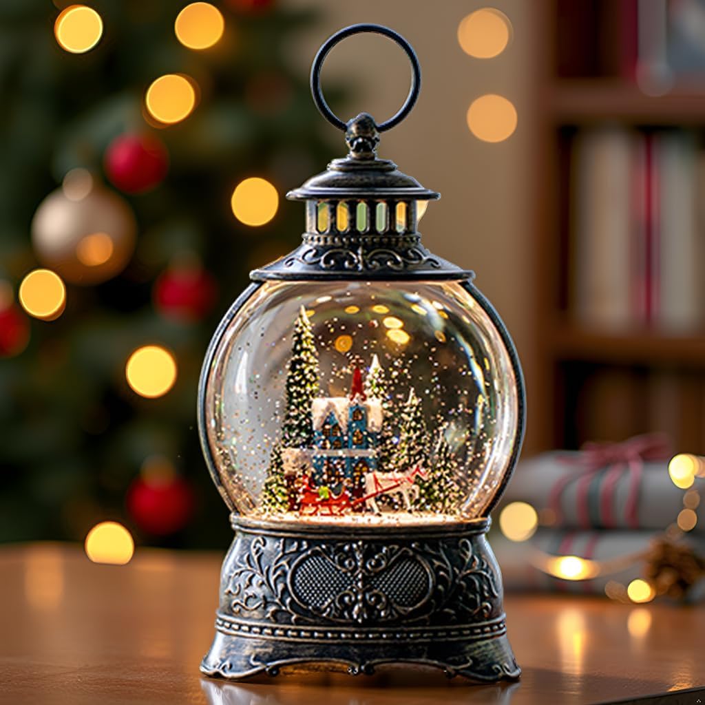Regine Switzerland Christmas Snow Globe - Musical Water Lantern with Carriage & Blue Church | 6-Hour Timer, USB/Battery Operated for Festive Decor