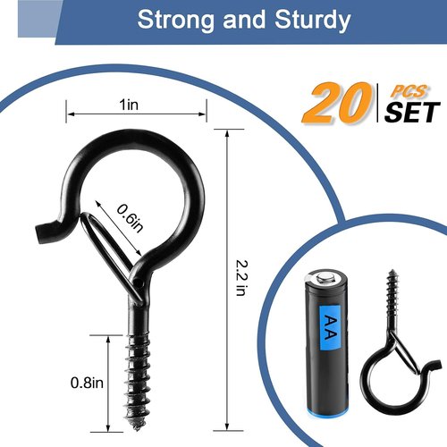 ADIIL Q Hanger Hooks - 20 PCS Windproof Screw Hooks with Safety Buckle for Outdoor String Lights | 2.2 Inches, Black
