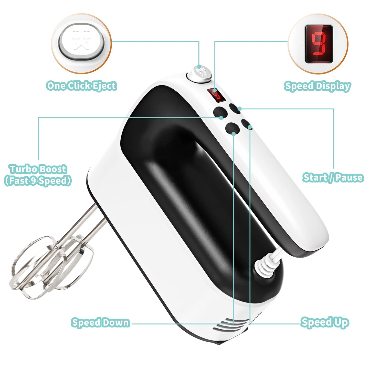 Yomelo 9-Speed Digital Hand Mixer Electric, 400W Powerful DC Motor, Baking Mixer Handheld with Snap-On Storage Case, 5 Stainless Steel Accessories, Flat Beaters, Dough Hooks, Whisk (White & Black)