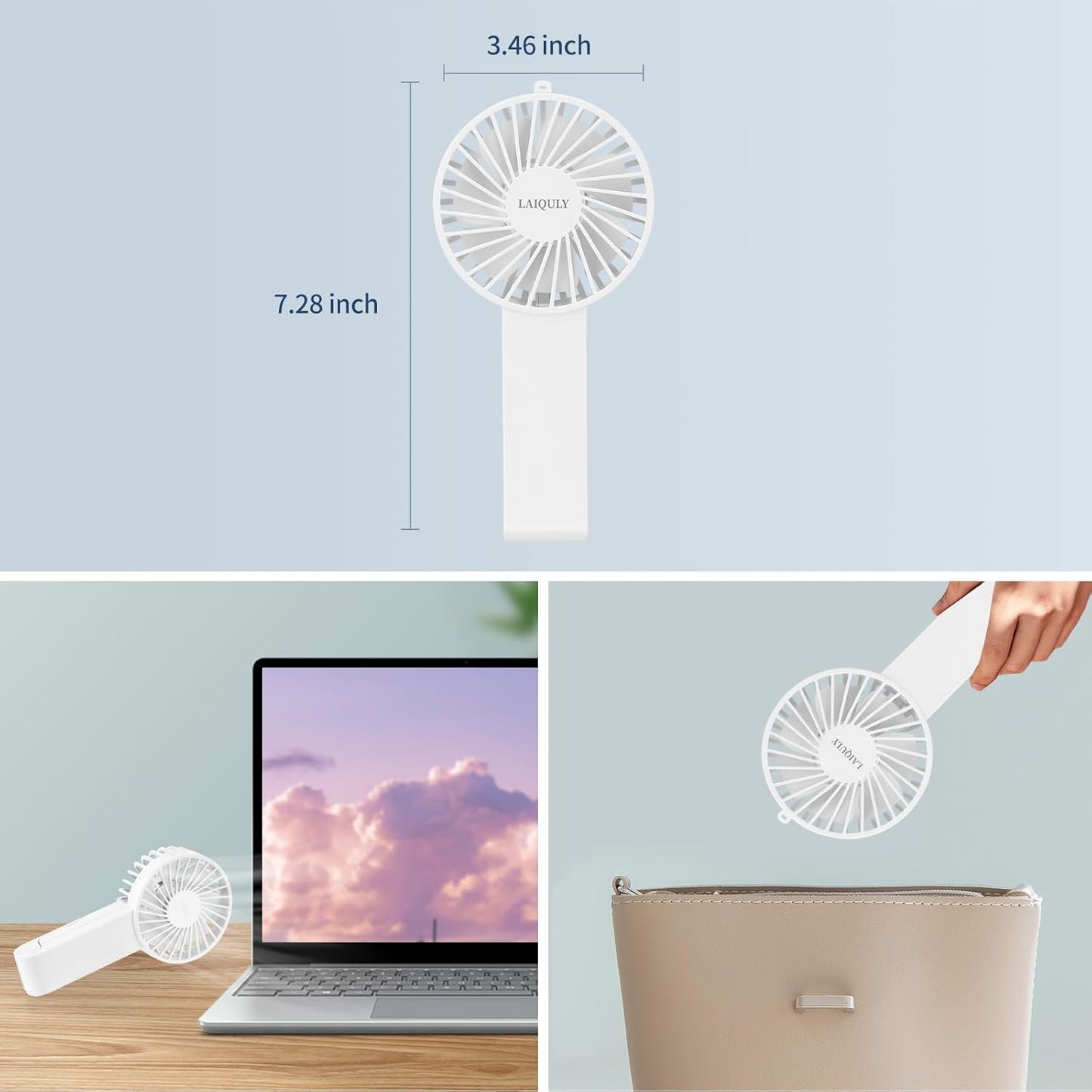 Skiennix Handheld Fan - Portable 3-Speed USB Rechargeable Mini Fan for Home & Travel - White