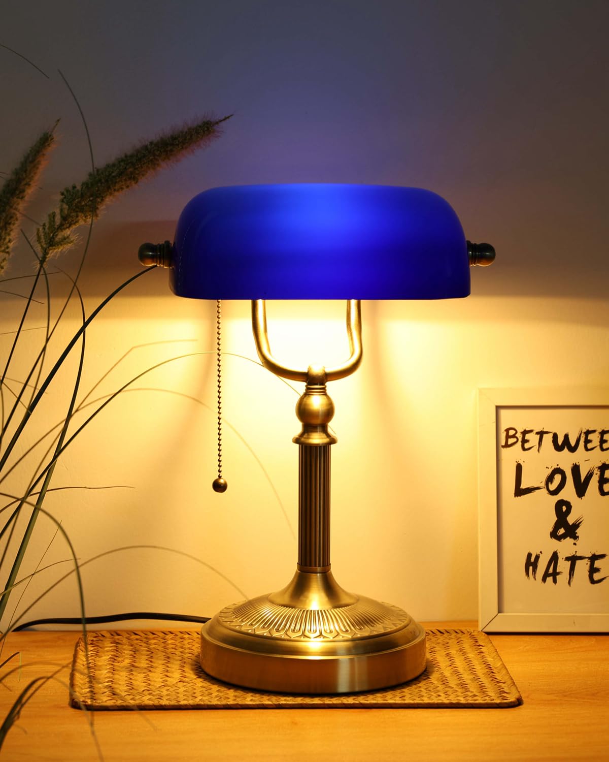 Newrays Blue Glass Bankers Desk Lamp with Pull Chain Switch Plug in Fixture for Home Office,Library