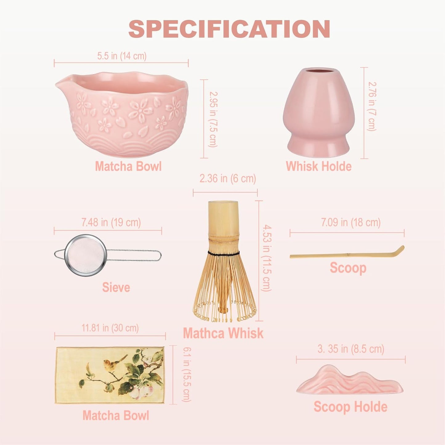 SIMPLETaste Matcha Whisk Set - 7-Piece Ceramic Kit with Bowl, Whisk, Bamboo Scoop & More | Pink