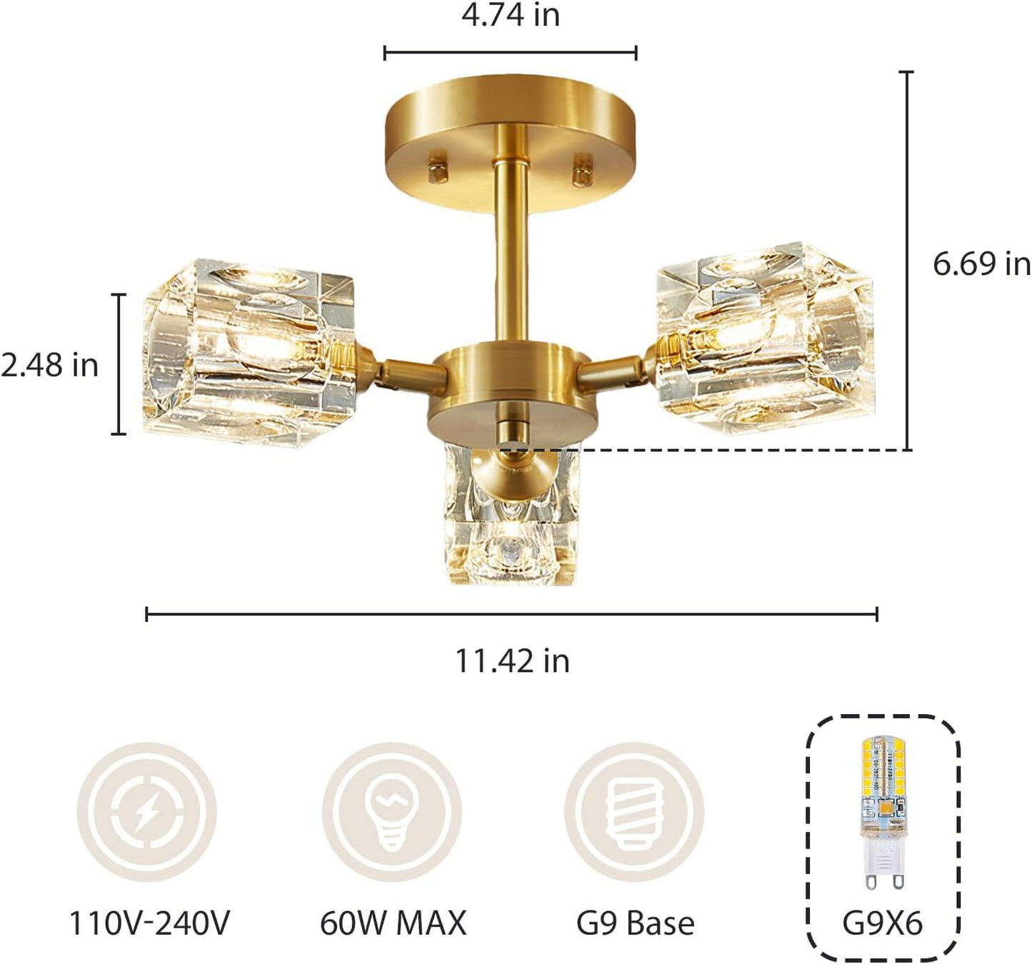 Yunnix Semi Flush Mount Ceiling Light 3 Lights Crystal Chandeliers Gold Ceiling Light Modern Ceiling Light for Bedroom Kitchen Hallway Bathroom Entryway Dining Room Living Room