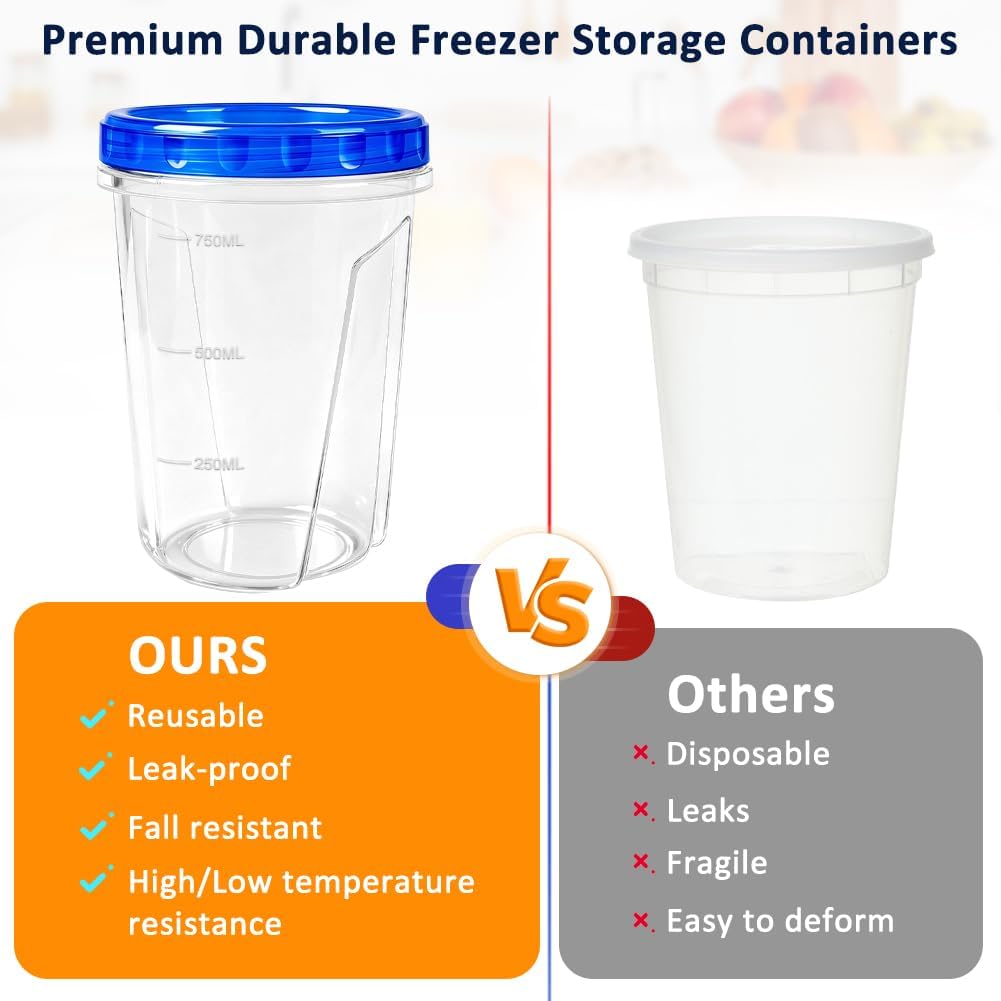 Skiennix 34oz Reusable Freezer Storage Containers - Airtight Twist Top Lids | 15 Pack Clear Plastic Meal Prep Solutions