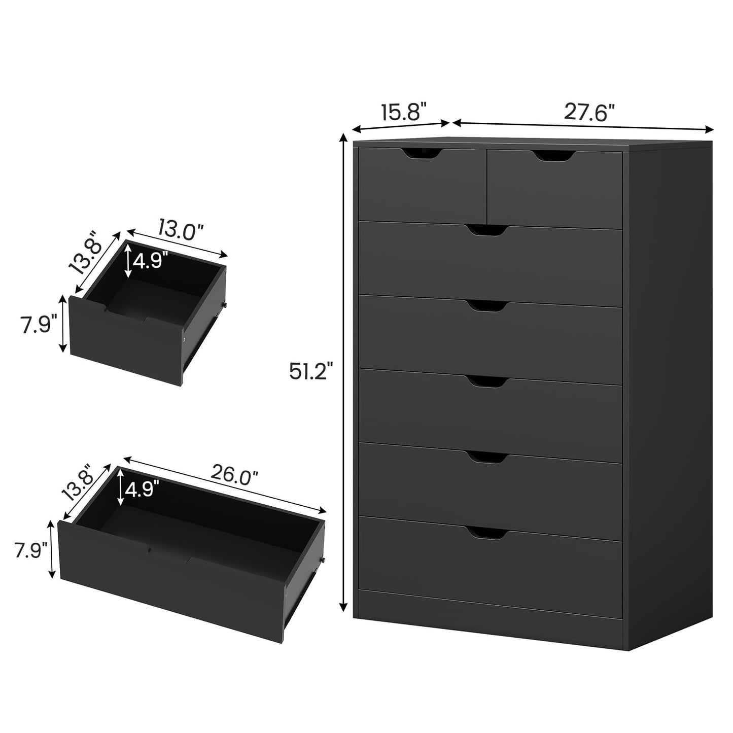 Tall 7 Drawer Dresser, Black Modern Chest of Drawers for Bedroom,Closet Dressers with Drawers for Living Room, Entryway, Hallway