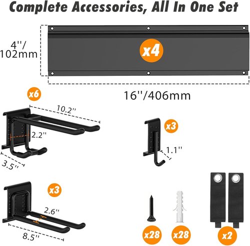 Housolution Heavy Duty Garage Wall Organizer - 64 Inch Storage System with 12 Adjustable Hooks | 570 lbs Capacity