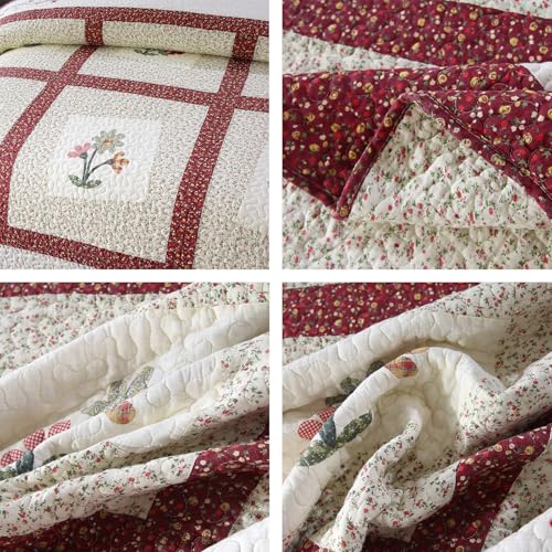 Red Floral Embroidered Cotton Quilt Set with Pillow Shams - Queen