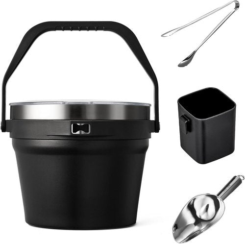 COKTIK 7L Vacuum Insulated Ice Bucket with Lid and Scoop& Tongs,Large capacity Stainless Steel Beverage Bucket for Cocktail, Champagne, Wine, Beer,Large Parties(Carbon Black Suit)