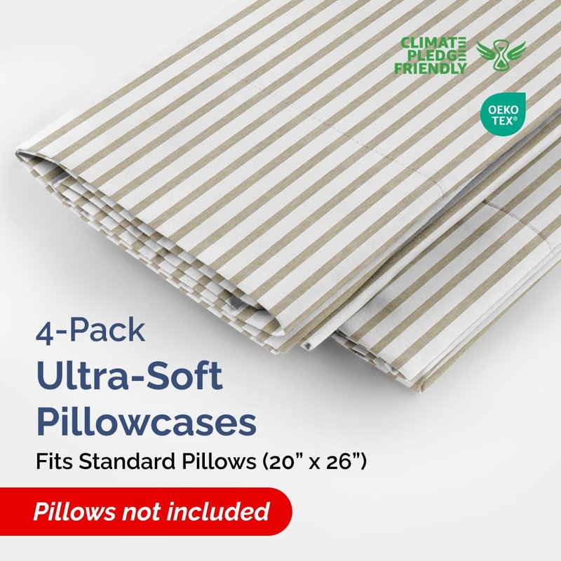 Standard Pillow Cases Set of 4 - Soft Hotel Quality Pillowcase Covers - Comfy, Cozy Bedding for Women, Men, Kids & Teens - Machine Washable Pillow Protectors - 4 Piece - Standard Size Beige Stripes