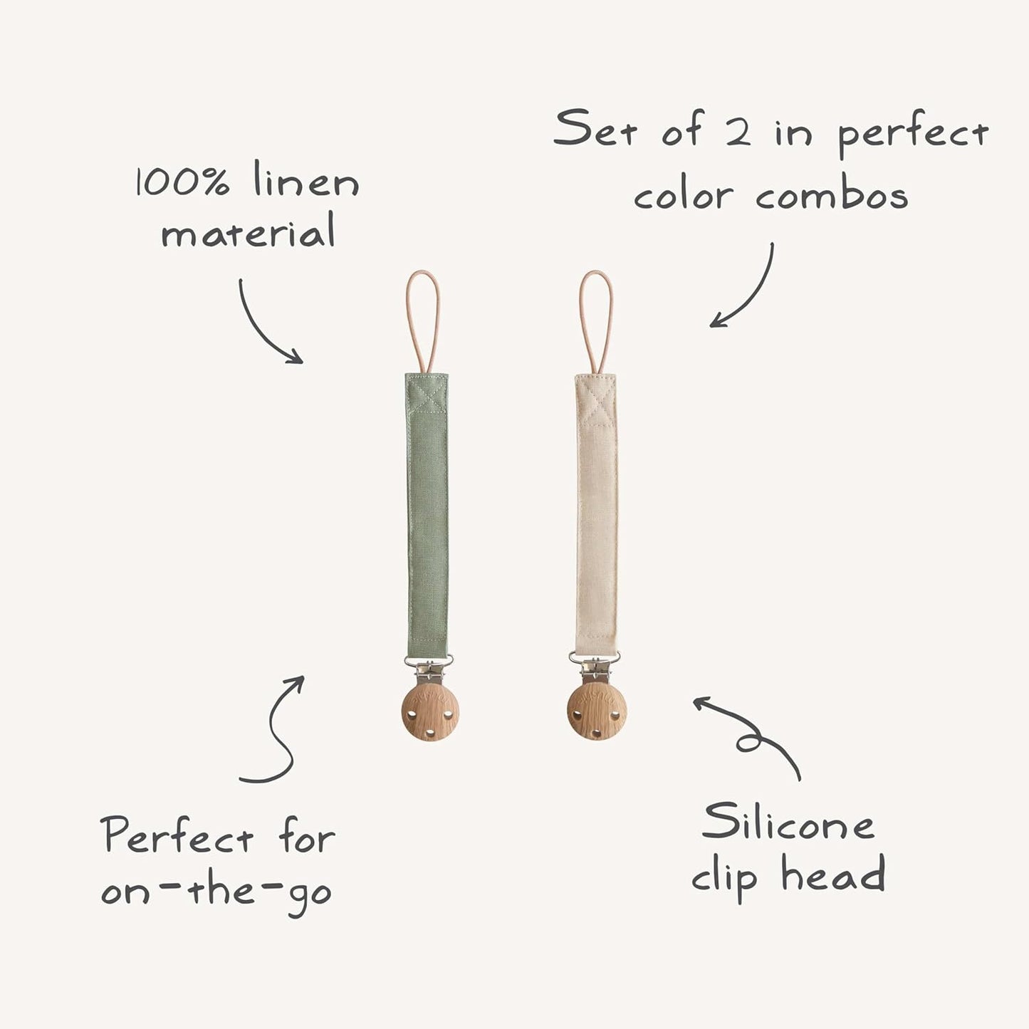 Mushie Linen Baby Pacifier Clip Holder - Soft Fabric Strap, 2-Pack in Olive & Shifting Sand