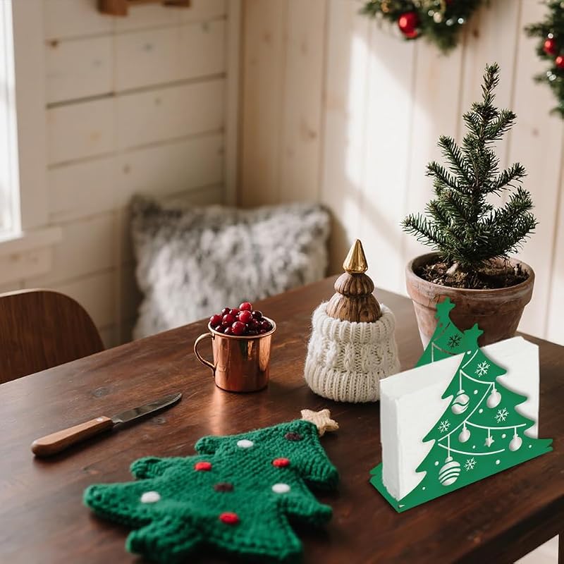 Christmas Tree Napkin Holder - Green Iron Tabletop Dispenser with Lights (Variation: Christmas Tree)