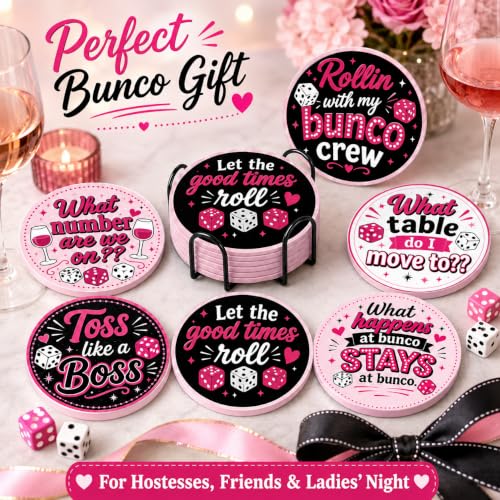 Pink Black Ceramic Coasters Set with Metal Holder - Bunco Party Supplies 6-Pack