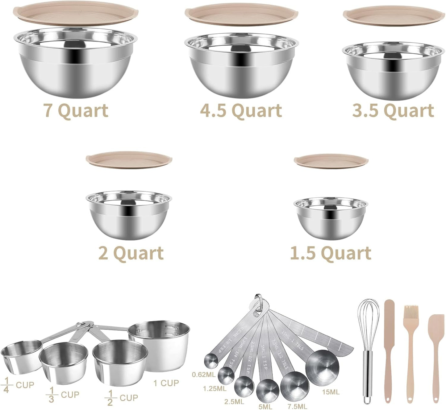 WEPSEN Mixing Bowls Set - 25PCS Khaki Stainless Steel Bowls With Lids | Large 7QT to 1.5QT Sizes for Cooking & Serving