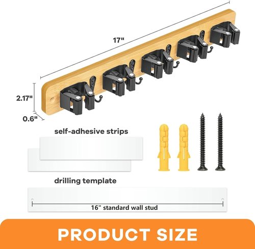 IMILLET Broom Holder Wall Mount - Bamboo Mop Hanger with 5 Racks & 4 Hooks | Home Organization Solution