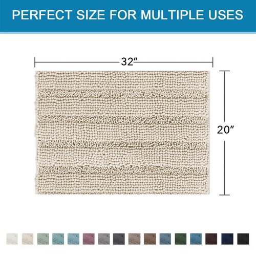 H.VERSAILTEX Bath Mats for Bathroom Non Slip Thick Chenille Striped Bath Rug Absorbent Fluffy Soft Shaggy Rugs Washable Dry Fast Plush Mats for Indoor, Bath Room, Tub - 20" x 32", Fog