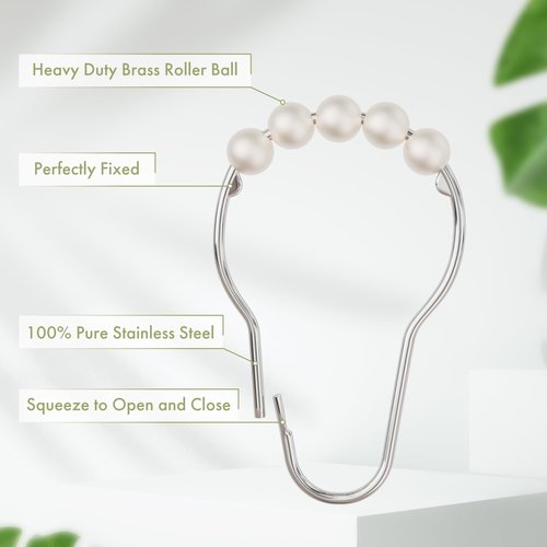 Amazer White Shower Curtain Hooks, Shower Curtain Hooks, Decorative Stainless Steel Shower Curtain Hooks for Bathroom, 12 PCS Shower Hooks for Curtain, Decorative Shower Hooks for Shower Curtain