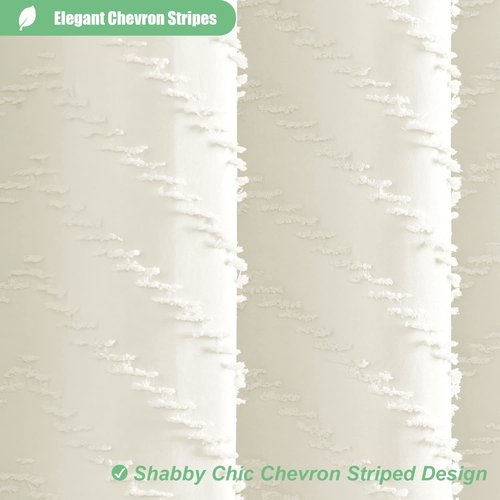 Dynamene Cream Boho Fabric Shower Curtain, Tufted Chevron Striped Tassel Textured Shower Curtain for Bathroom, Farmhouse Elegant Waterproof Minimalist Cloth Shower Curtain Set, 12 Hook, 72x72
