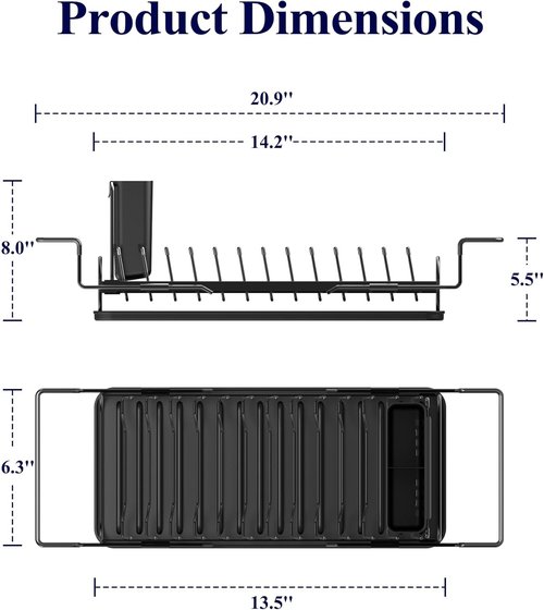 Kitsure Dish Drying Rack - Expandable Space-Saving Kitchen Rack with Cutlery Holder & Drip Tray | Black, 14.2"-20.9" L x 6.3" W x 8.0" H