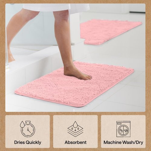 GORILLA GRIP Bath Rug Mat - Soft Absorbent Chenille | Quick Dry Microfiber, 60x24, Light Pink