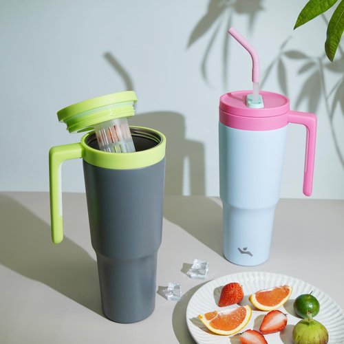 Insulated Tumbler with Handle and Straw,40 OZ Vacuum Stainless Steel Water Bottle Travel Mug Metal Cup with Fruit Diffuser,Pink Grey