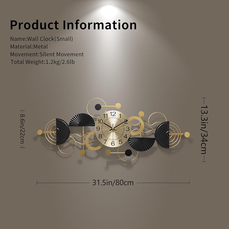 Gold Decorative Wall Clock - 3D Metal Frame Quartz Silent Large Wall Clock (Variation: Gold-lines+Small)