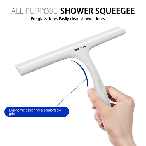 Anjinwiper All-Purpose Shower Squeegee for Shower Glass Door with Adhesive Hook, Silicone Squeegee for Shower Doors, Bathroom, Windows, Mirrors, Shower Cleaner Tool Household Squeegee(10 inch-White)