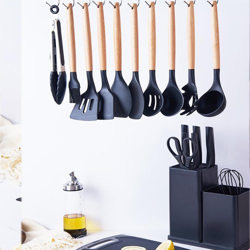 home essentials,black cooking utensils set,black kitchen set with 11 Pieces Spatula,Heat Resistant Silicone Utensils,6 Piece Sharp Knife Set, cutting boards for kitchen(19PCS Set)
