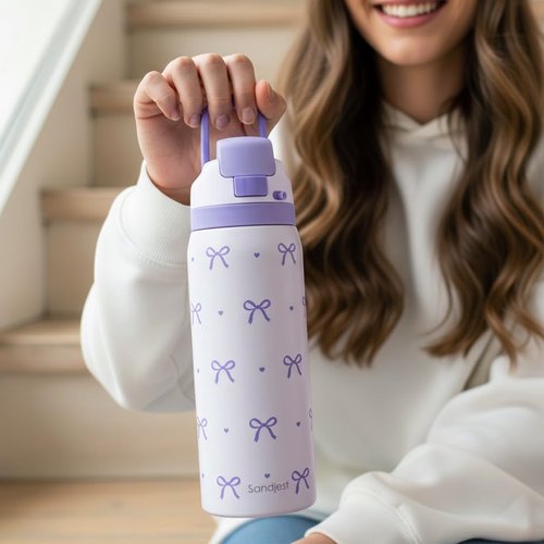 Bow Insulated Stainless Steel Water Bottle - 32oz with Straw for Sports & Travel | Purple Gift for Women & Teens