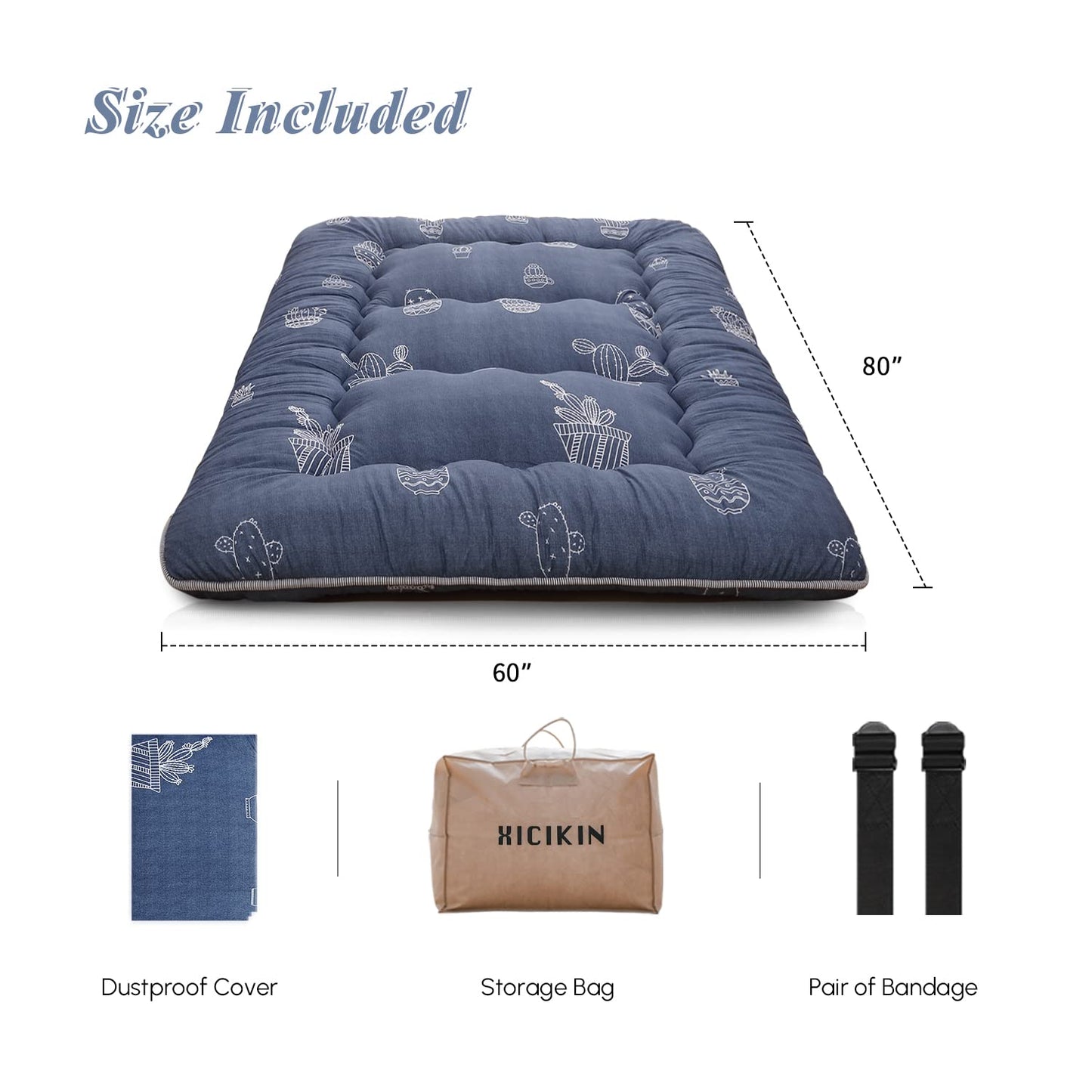 XICIKIN Japanese Floor Mattress, Japanese Futon Mattress Tatami Mat with Washable Cover, Easy to Store and Portable for Camping,(Blue Cactus, Twin)